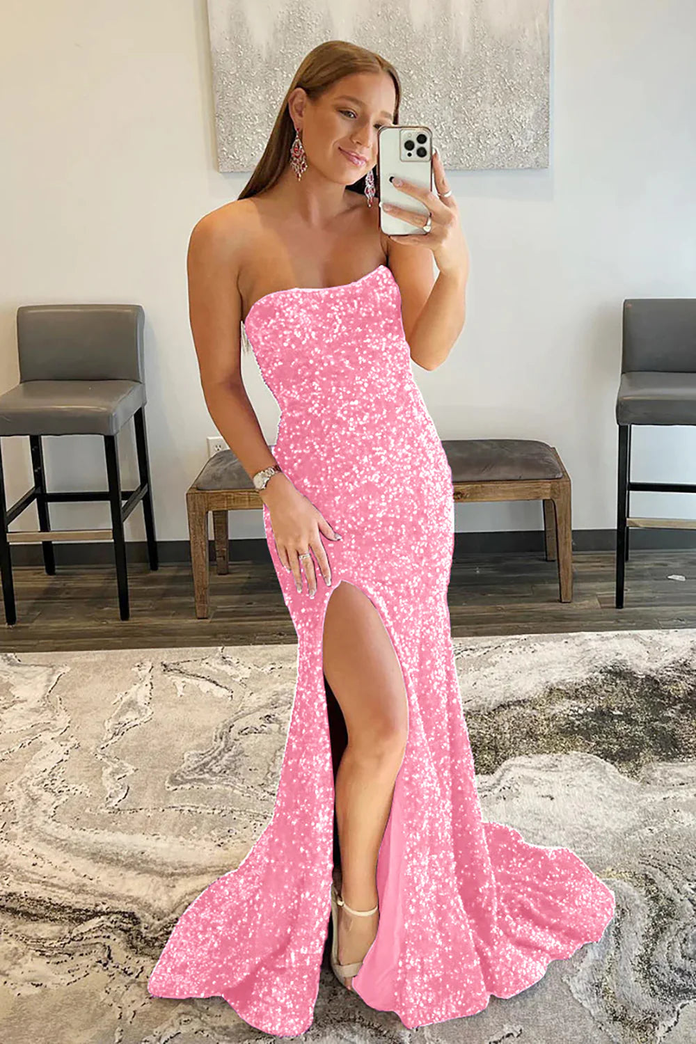 Mermaid Sequins Strapless Long Prom Dress With Slit