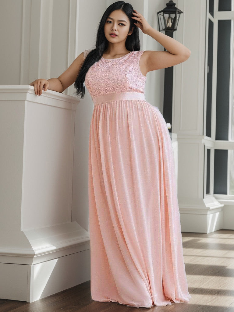 Robe de demoiselle d'honneur Weitese grande taille, classique, col rond, dos en V, coupe trapèze, en mousseline de soie et dentelle