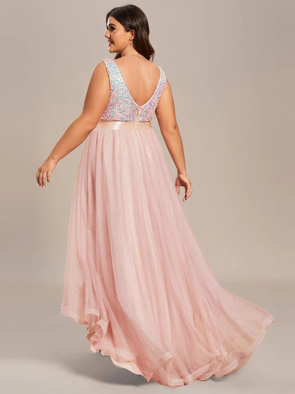 Robe de soirée grande taille Weitese sans manches en tulle à paillettes et ruban à taille haute
