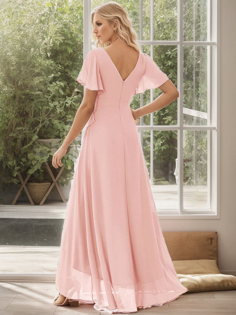 Charmante robe de demoiselle d'honneur en mousseline de soie Weitese avec ourlet en feuille de lotus