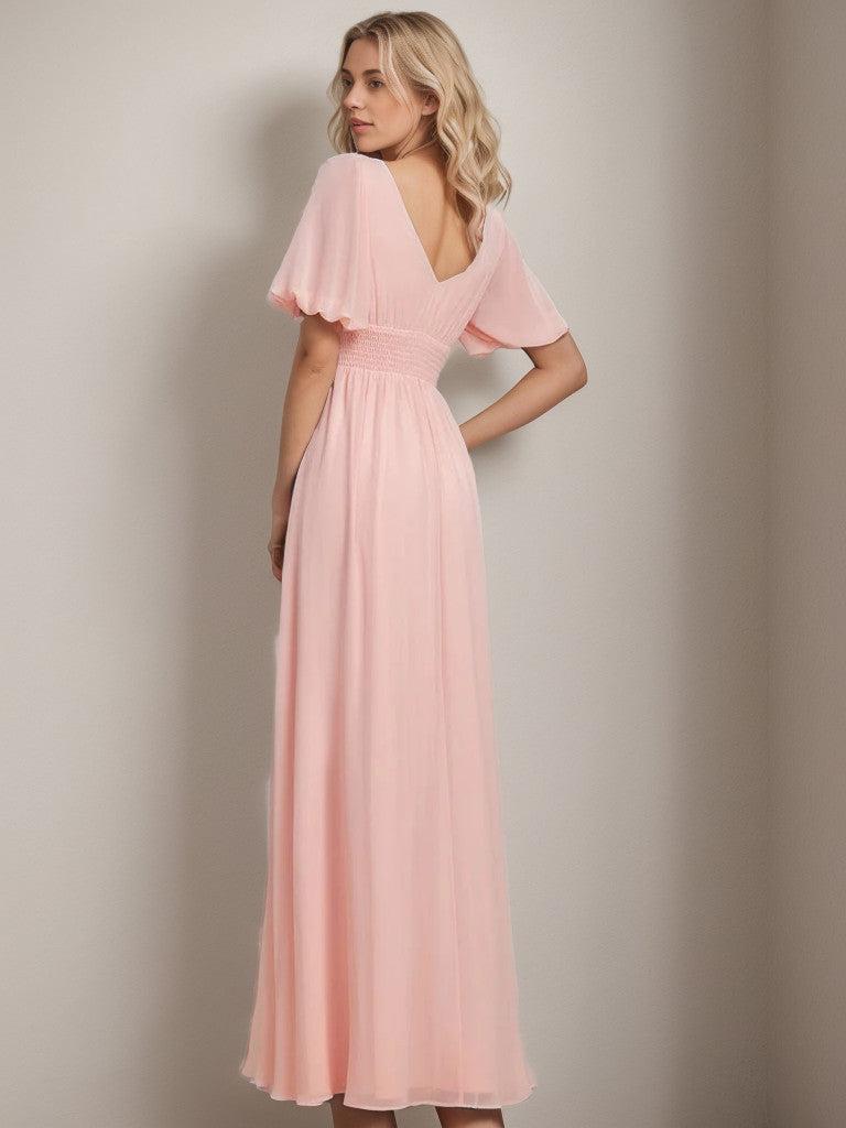 Weitese Chiffon Illusion V-Neck Flutter Sleeve Front Slit Evening Dress