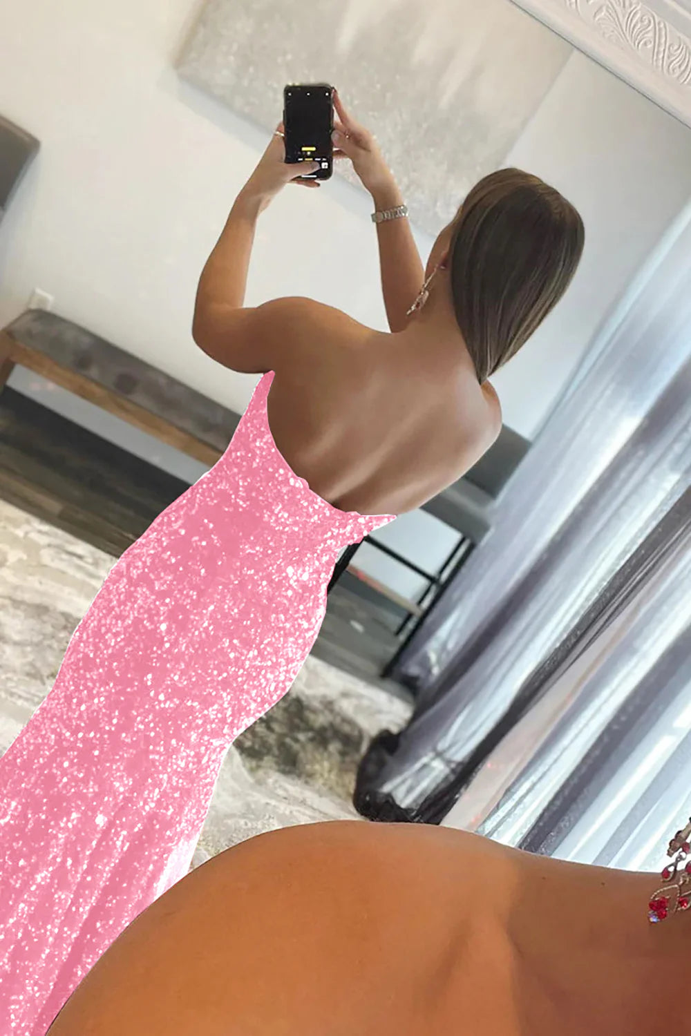 Mermaid Sequins Strapless Long Prom Dress With Slit