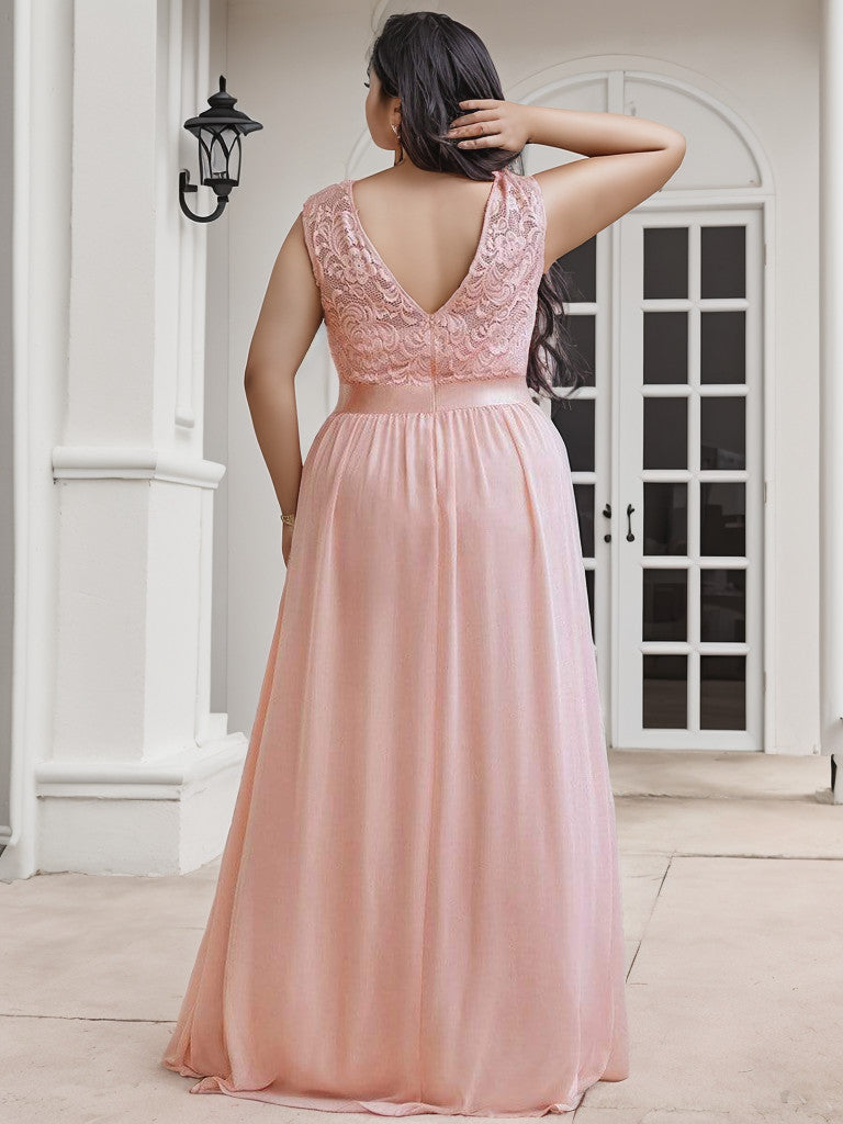 Robe de demoiselle d'honneur Weitese grande taille, classique, col rond, dos en V, coupe trapèze, en mousseline de soie et dentelle