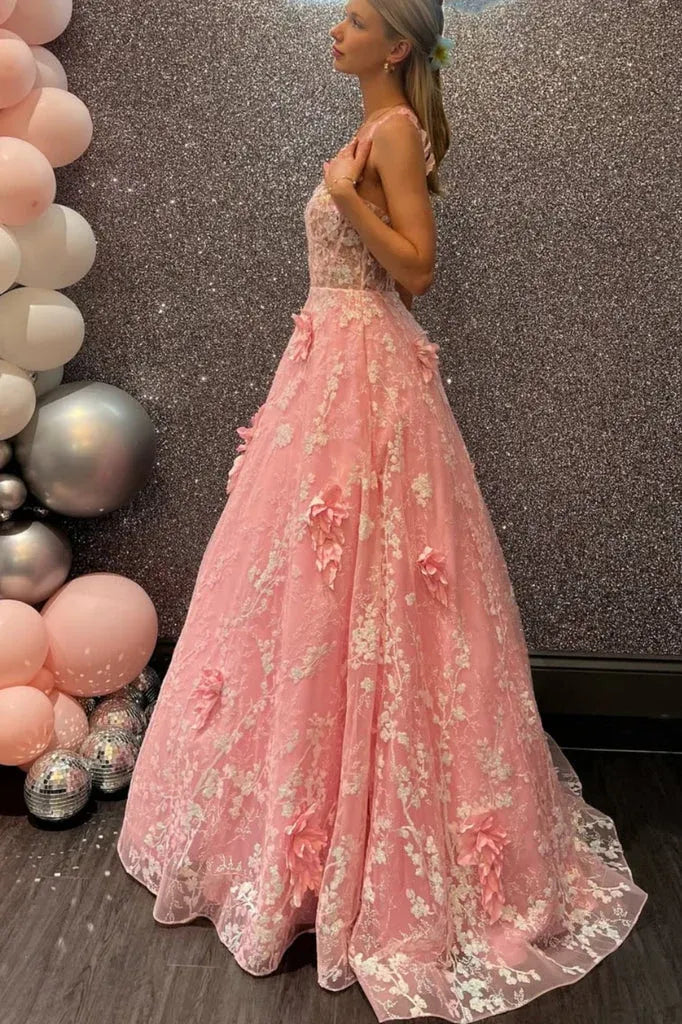 Pink 3D Floral Lace Spaghetti Strap Open Back A-Line Prom Ball Gown