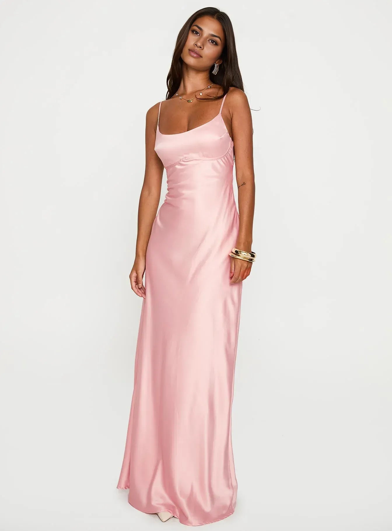 Pink Satin Spaghetti Strap Criss - Cross Back Maxi Prom Dress