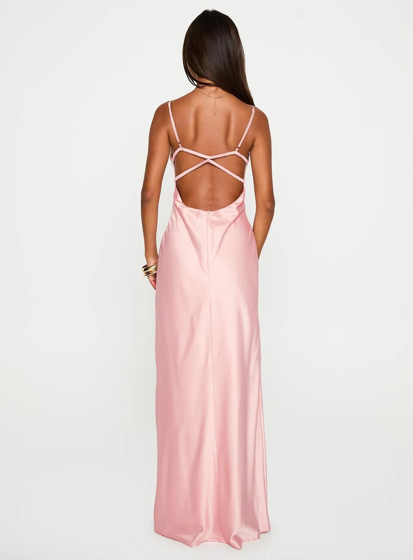 Pink Satin Spaghetti Strap Criss - Cross Back Maxi Prom Dress