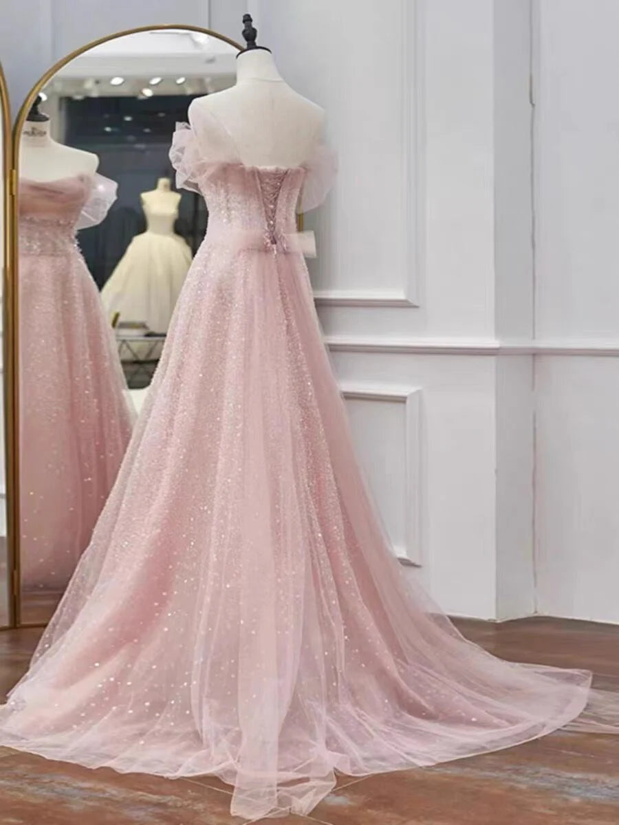 Weitese Formal Women's Dresses Pink A Line Tulle Long Prom Dress Shiny Birthday Party Dress Prom Dresses Stores