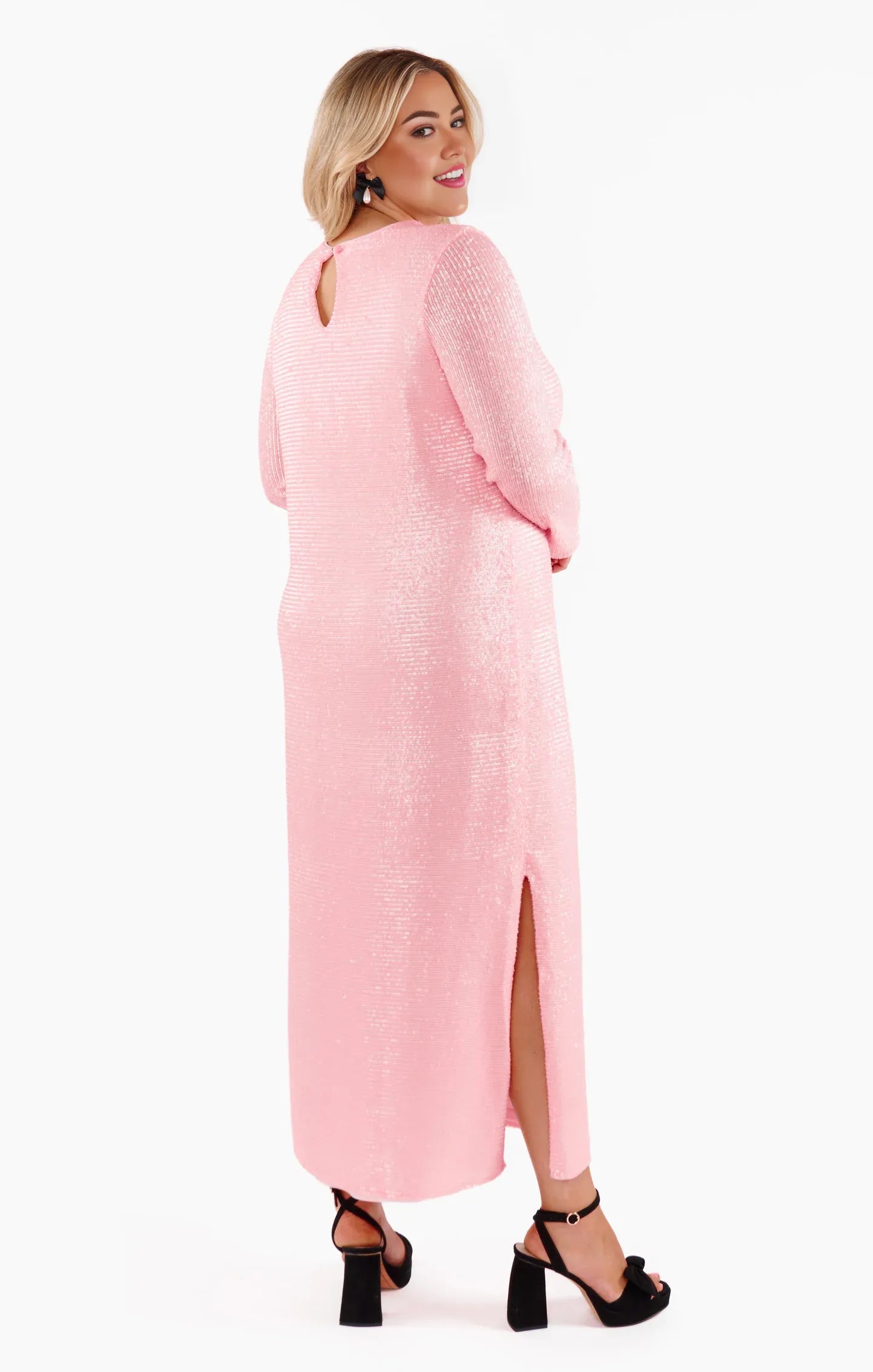 Weitese Dress Fashion Round Neck Long Sleeves Maxi Dress Column Sequins Full Coverage Prom Dress With Slit