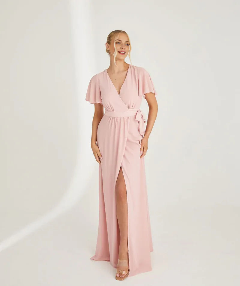 Weitese Dress Fashion V Neck Wrap Tie Chiffon Bridesmaid Dress Maxi Dress Solid Color Blue Flutter Sleeve A-Line Prom Dress