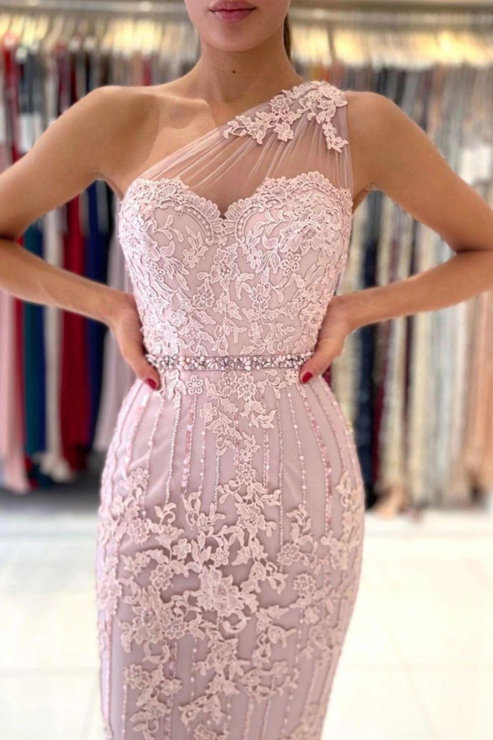 Weitese Pink One Shoulder bodycon Homecoming Dress With Belt