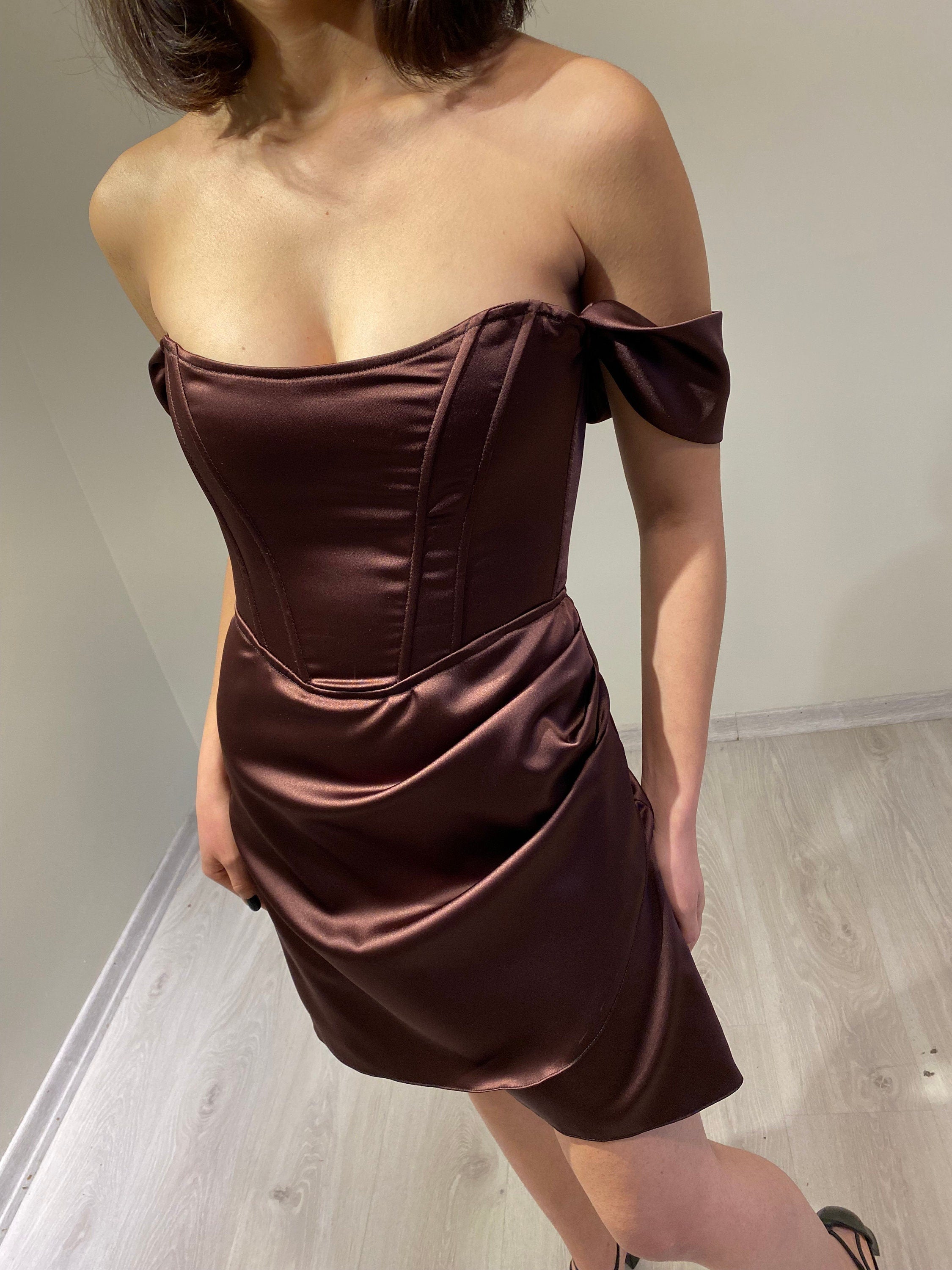 Pink Satin Corset Satin Short Sleeve Brown Satin Pleated Corset Homecoming Dress Satin Short Sleeve Homecoming Prom Party Dress