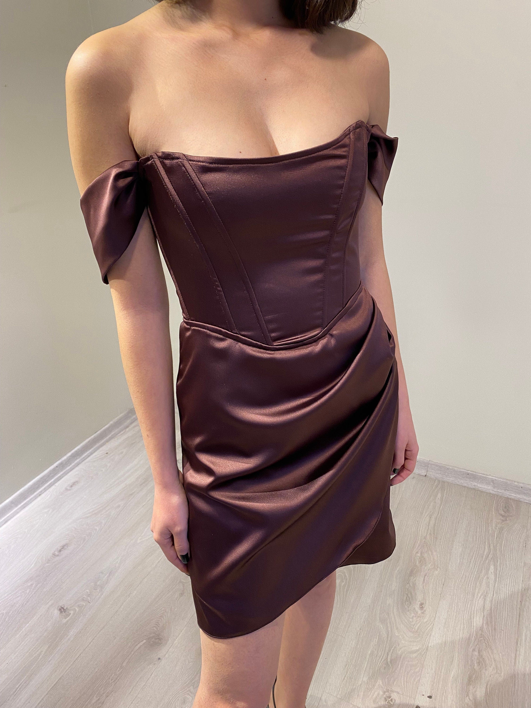 Pink Satin Corset Satin Short Sleeve Brown Satin Pleated Corset Homecoming Dress Satin Short Sleeve Homecoming Prom Party Dress