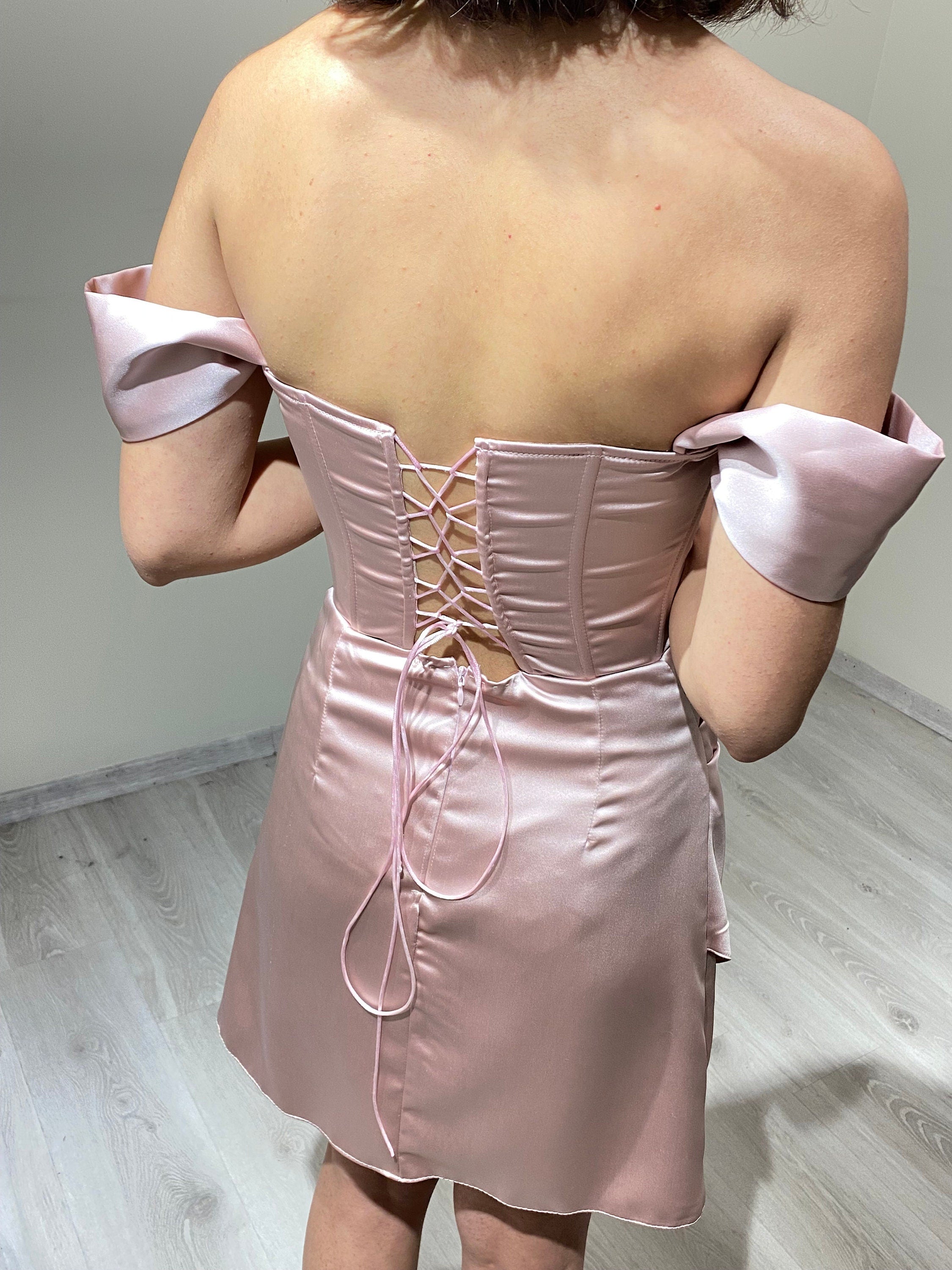 Pink Satin Corset Satin Short Sleeve Brown Satin Pleated Corset Homecoming Dress Satin Short Sleeve Homecoming Prom Party Dress