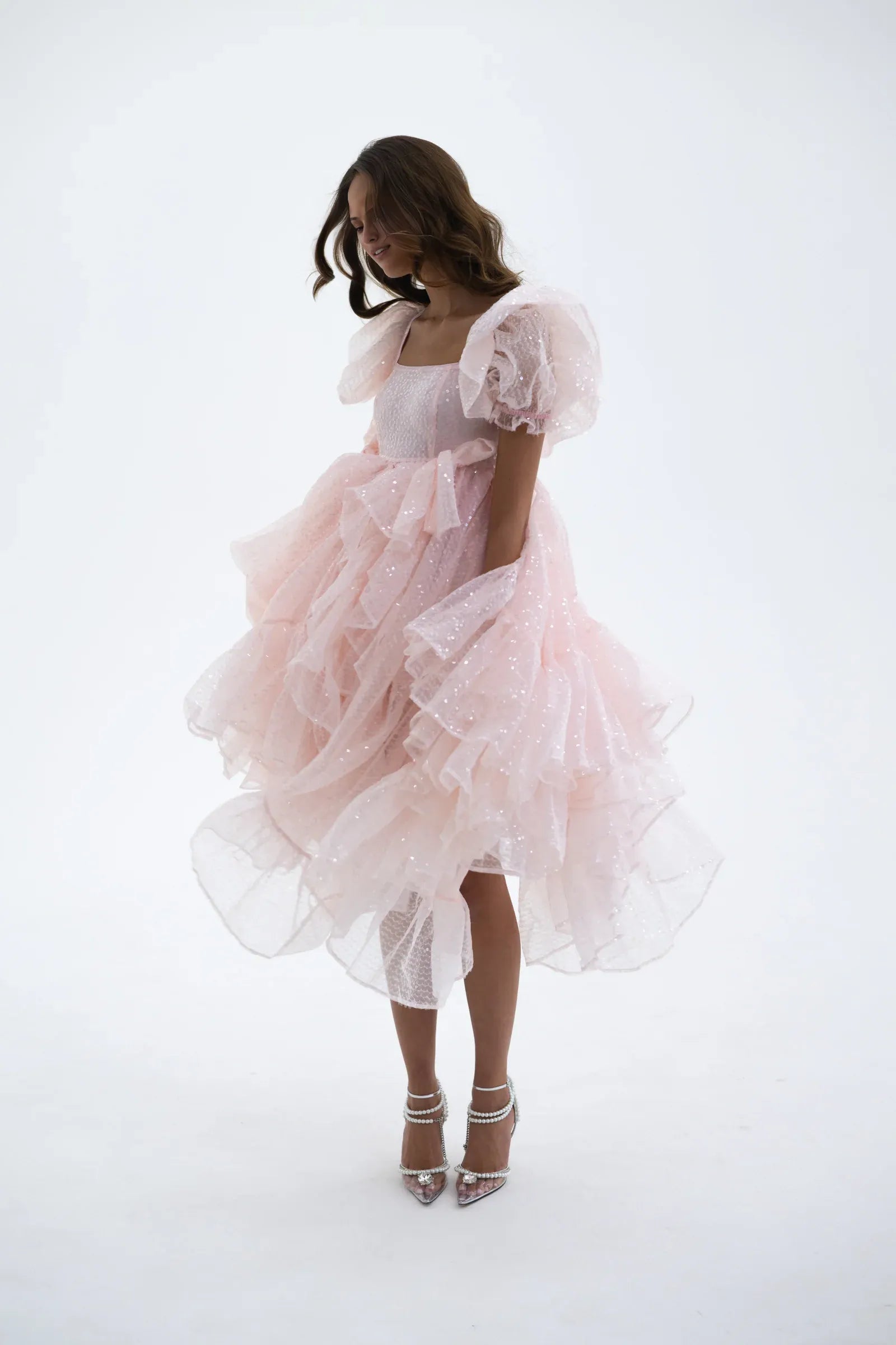 Pink Sweetheart Collar Sparkling Lantern Sleeve Corset Short Party Dress With Elegant And Beautiful Floor To Ceiling Style Evening Gown