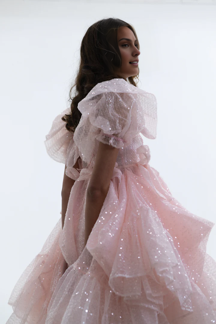 Pink Sweetheart Collar Sparkling Lantern Sleeve Corset Short Party Dress With Elegant And Beautiful Floor To Ceiling Style Evening Gown