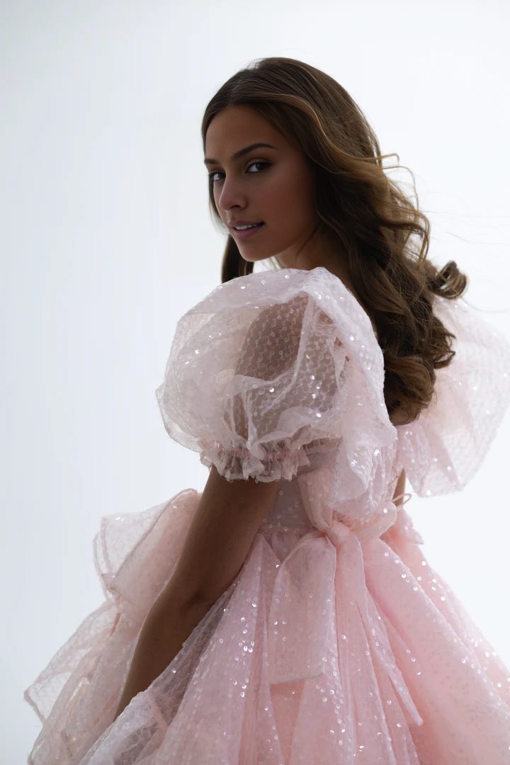 Pink Sweetheart Collar Sparkling Lantern Sleeve Corset Short Party Dress With Elegant And Beautiful Floor To Ceiling Style Evening Gown
