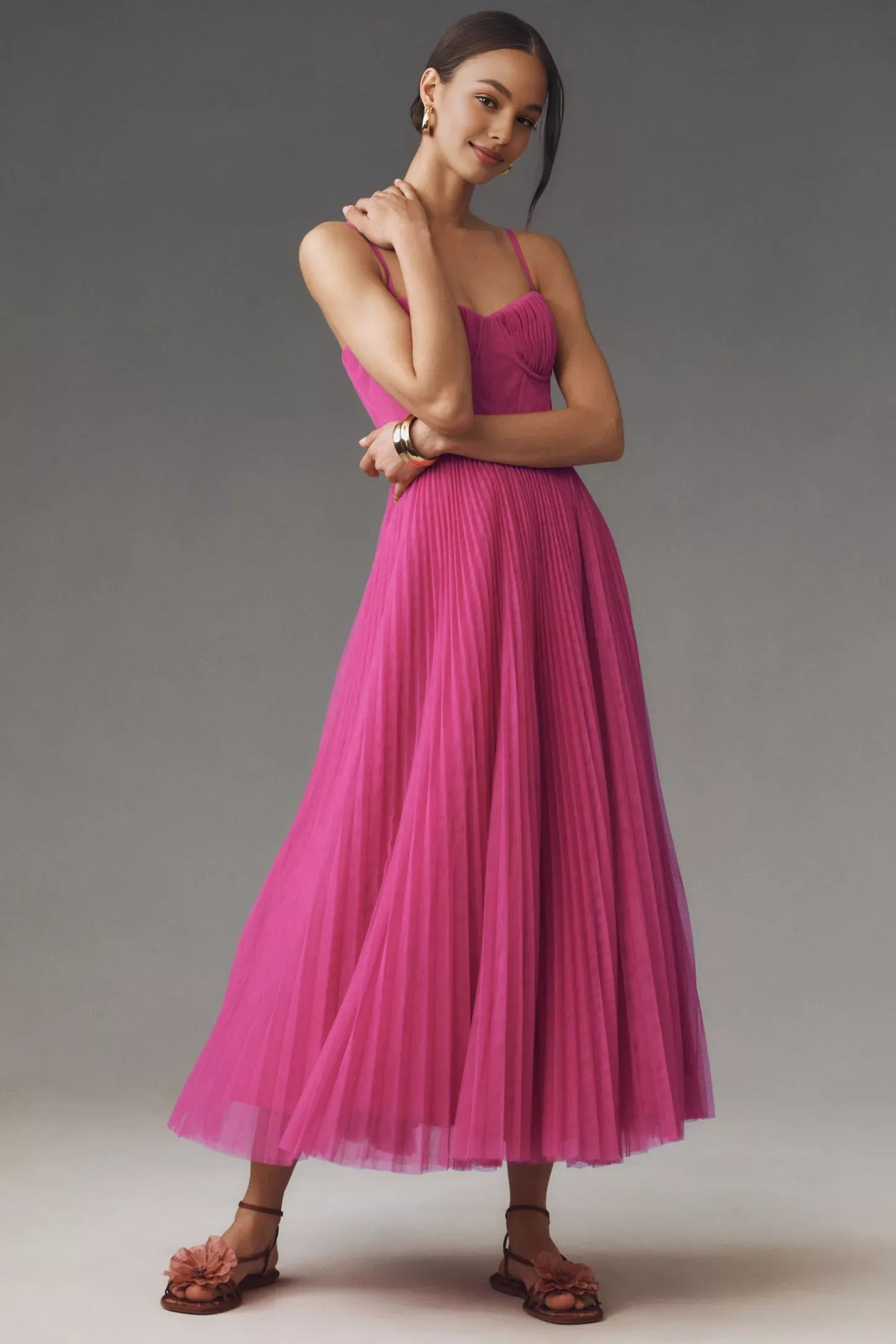 Robe Weitese Corset plissée en tulle, robe mi-longue ajustée et évasée à bretelles spaghetti, robe de bal trapèze bleue 