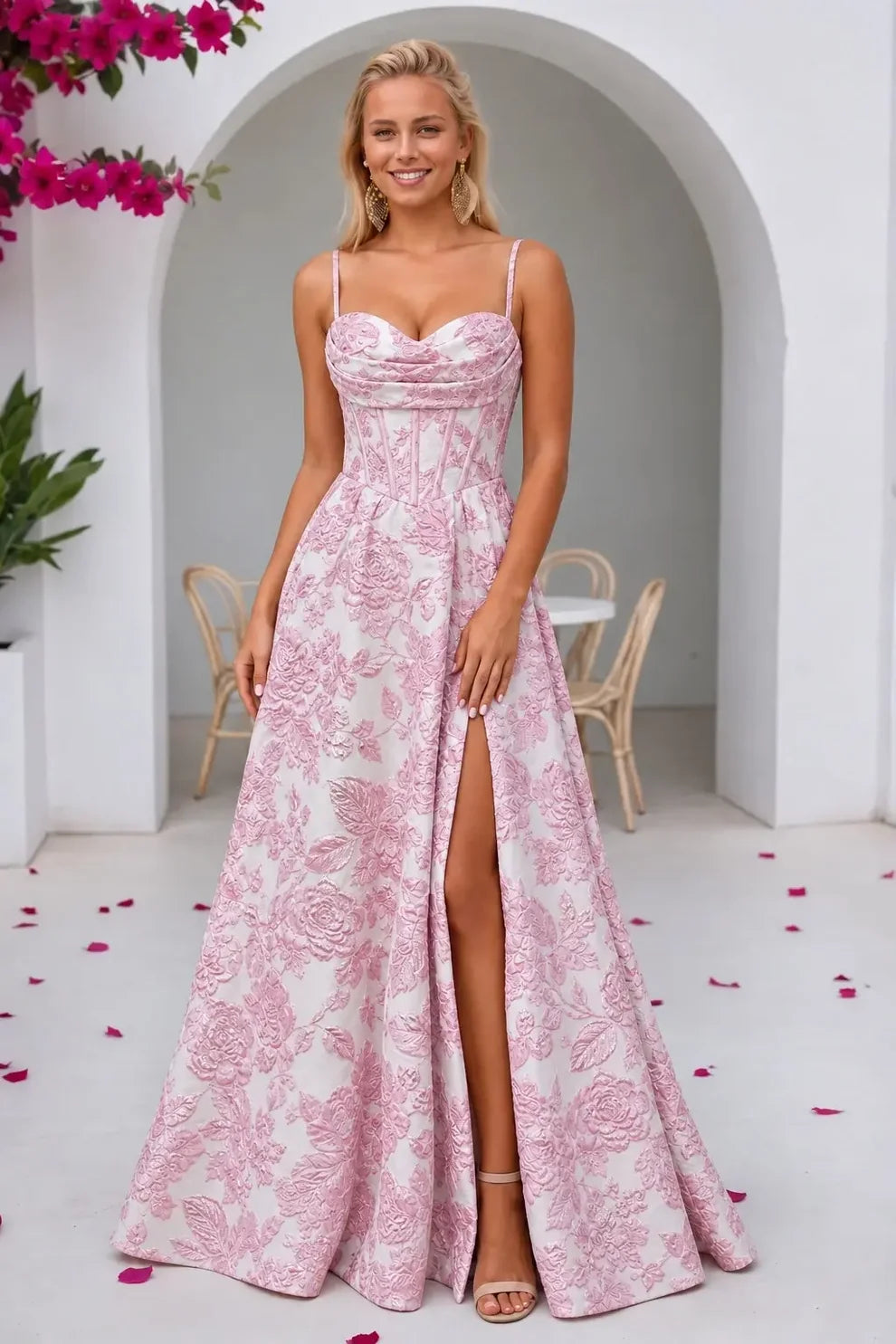Blushing Pink Jacquard A-Line Sweetheart Lace-Up Back Floor-Length Dress