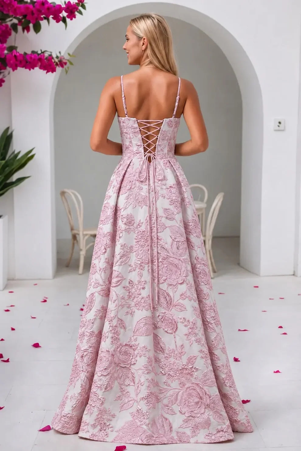 Blushing Pink Jacquard A-Line Sweetheart Lace-Up Back Floor-Length Dress