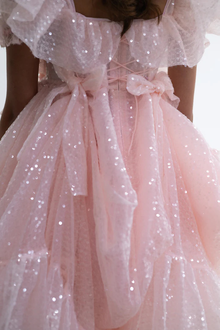 Pink Sweetheart Collar Sparkling Lantern Sleeve Corset Short Party Dress With Elegant And Beautiful Floor To Ceiling Style Evening Gown