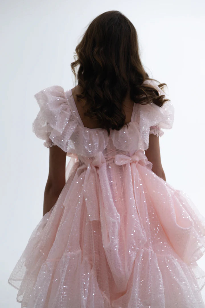 Pink Sweetheart Collar Sparkling Lantern Sleeve Corset Short Party Dress With Elegant And Beautiful Floor To Ceiling Style Evening Gown