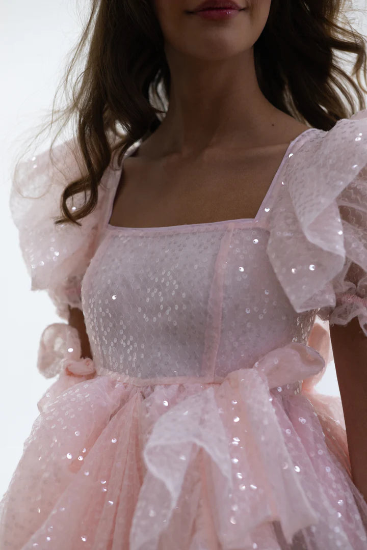 Pink Sweetheart Collar Sparkling Lantern Sleeve Corset Short Party Dress With Elegant And Beautiful Floor To Ceiling Style Evening Gown