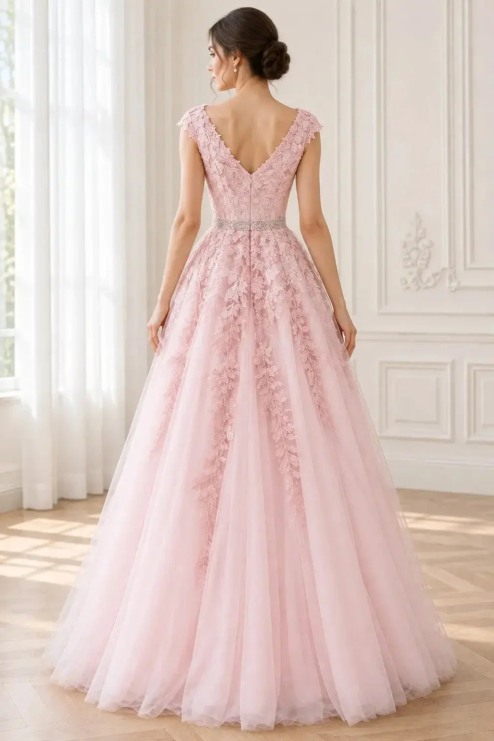 Blushing Pink Lace and Tulle A-Line V-Neck V-Back Floor-Length Dress