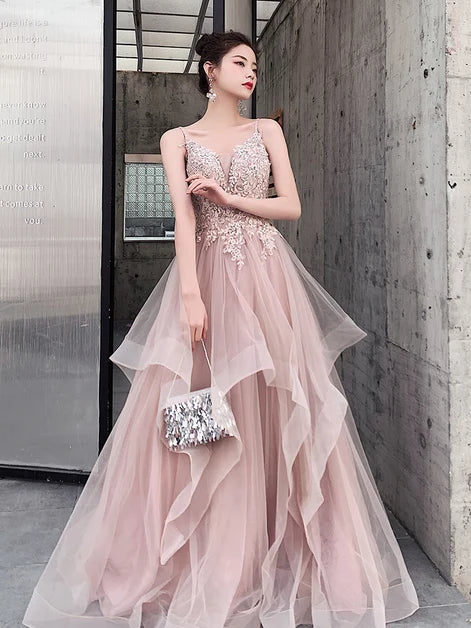 Dusty Pink Spaghetti Strap Beaded Lace Ruffled Tulle A Line Prom Dress
