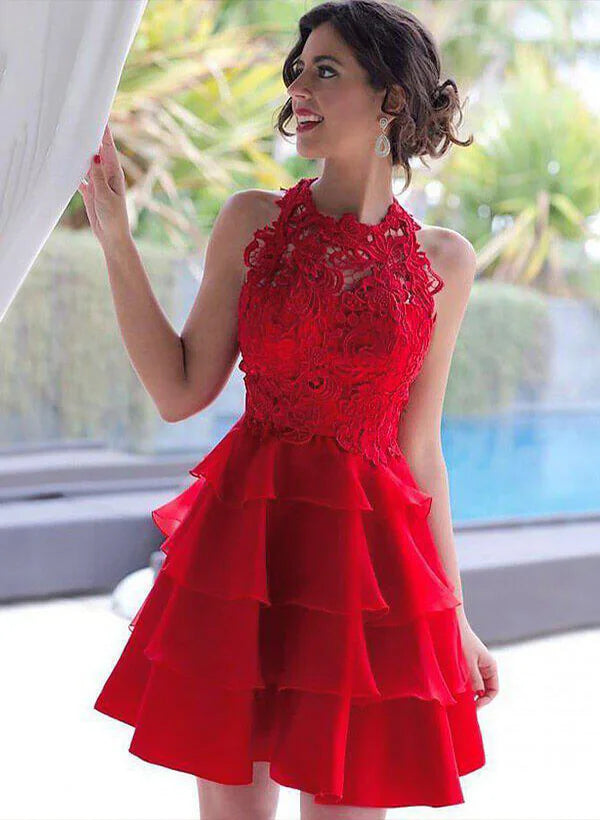 Playful A-Line Halter Neck Floral Lace Tiered Ruffle Chiffon Mini Homecoming Dress