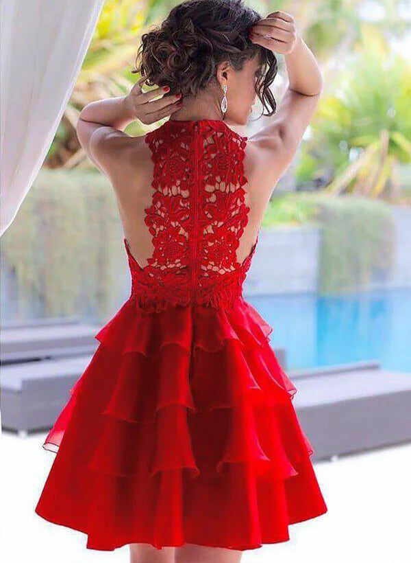 Playful A-Line Halter Neck Floral Lace Tiered Ruffle Chiffon Mini Homecoming Dress