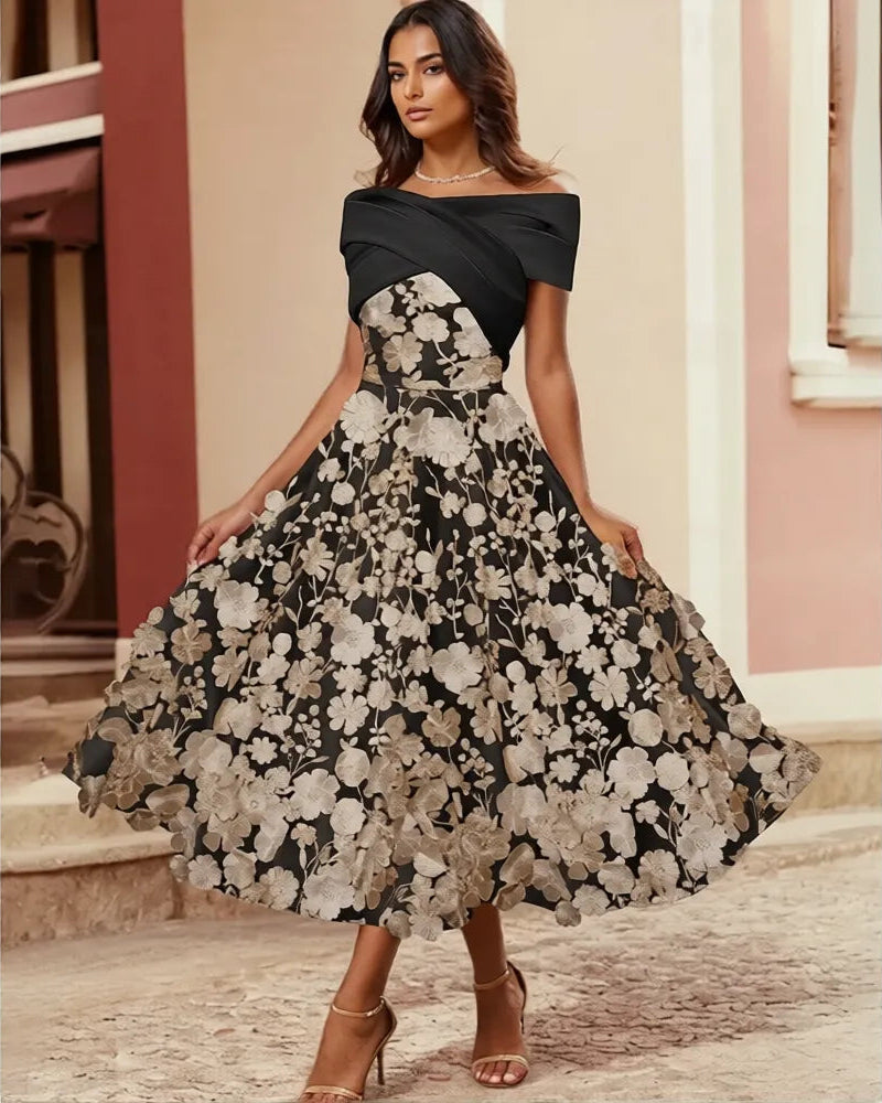 Playful A-Line Off Shoulder Satin Midi Floral Dress