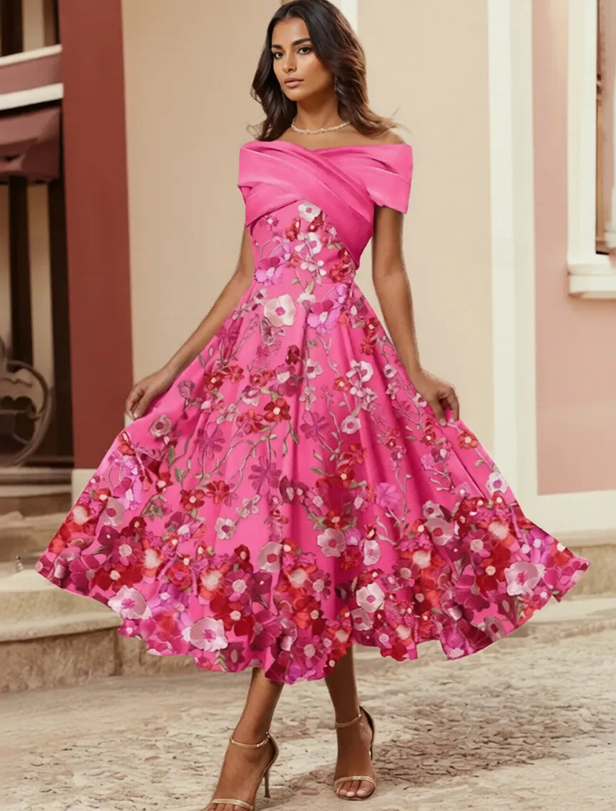 Playful A-Line Off Shoulder Satin Midi Floral Dress