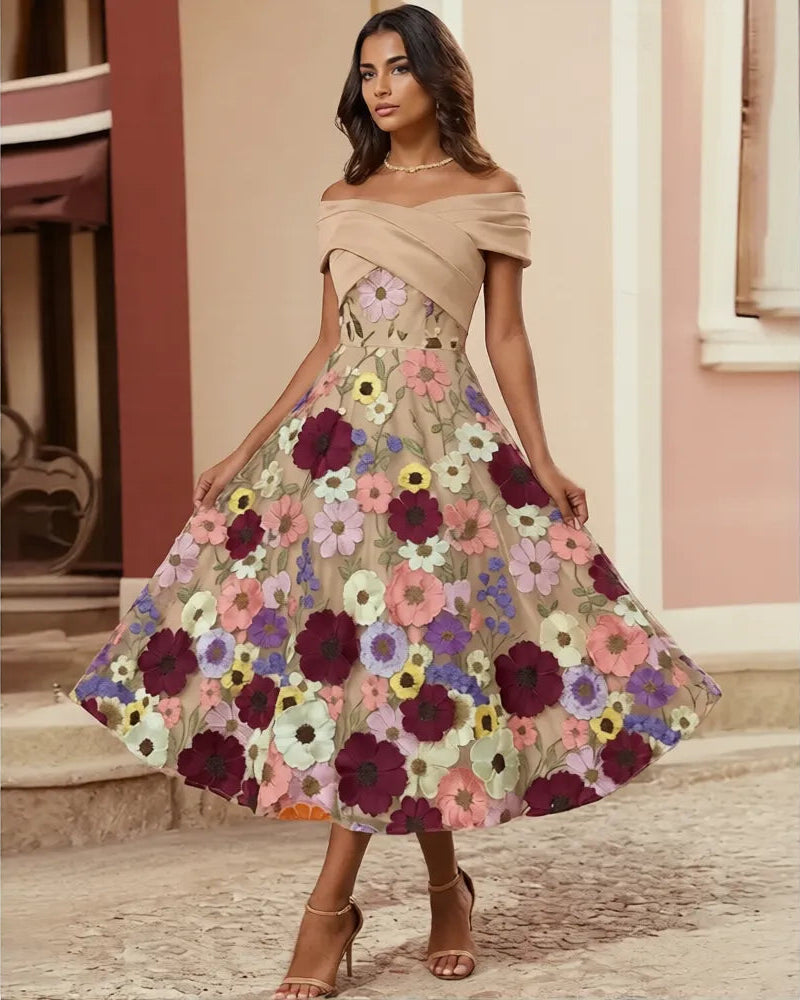Playful A-Line Off Shoulder Satin Midi Floral Dress