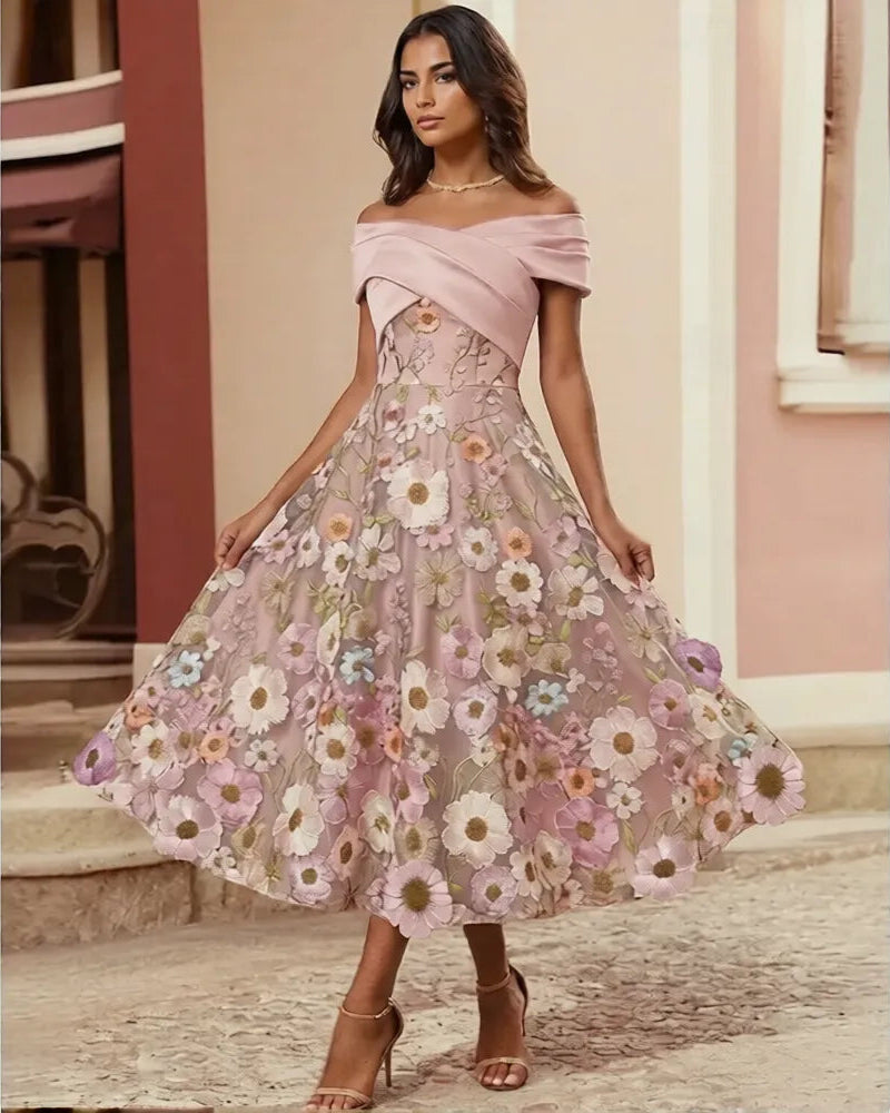 Playful A-Line Off Shoulder Satin Midi Floral Dress