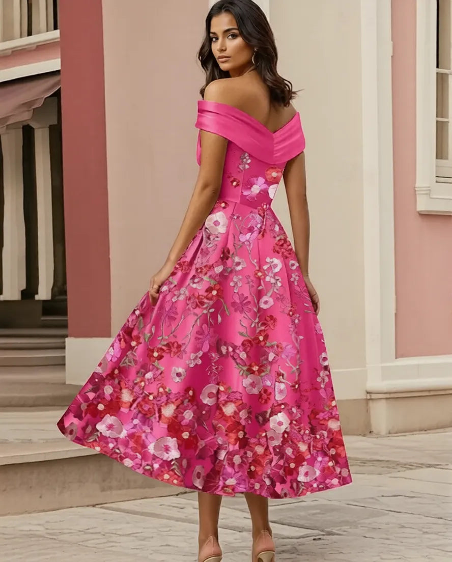 Playful A-Line Off Shoulder Satin Midi Floral Dress