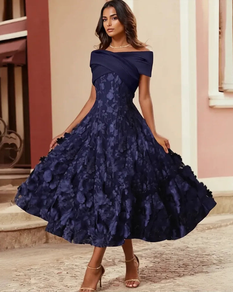 Playful A-Line Off Shoulder Satin Midi Floral Dress
