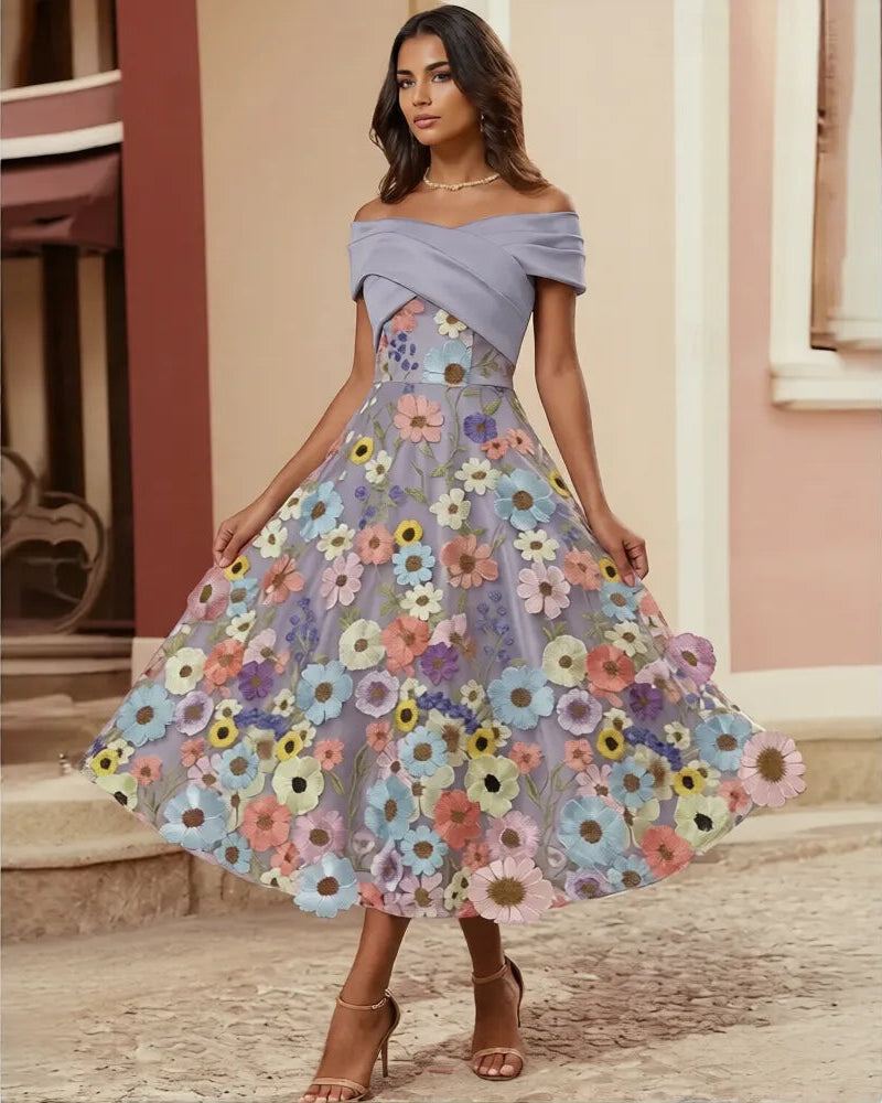 Playful A-Line Off Shoulder Satin Midi Floral Dress