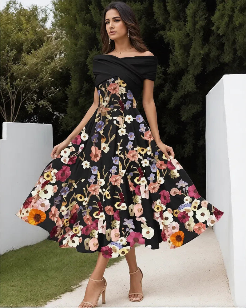 Playful A-Line Off Shoulder Satin Midi Floral Dress