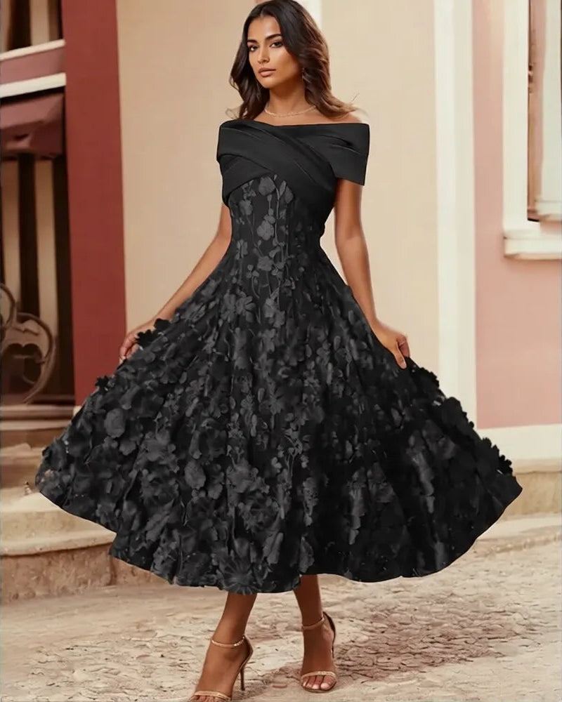Playful A-Line Off Shoulder Satin Midi Floral Dress