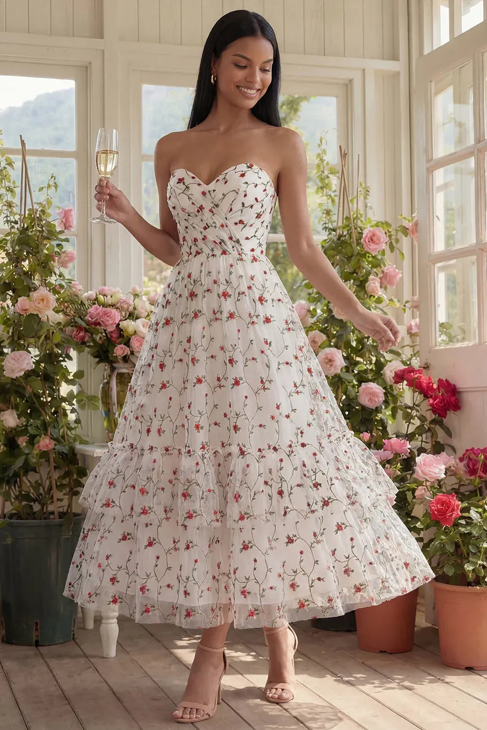 Playful A-Line Strapless Sleeveless Floral Tulle Midi Cocktail Dress