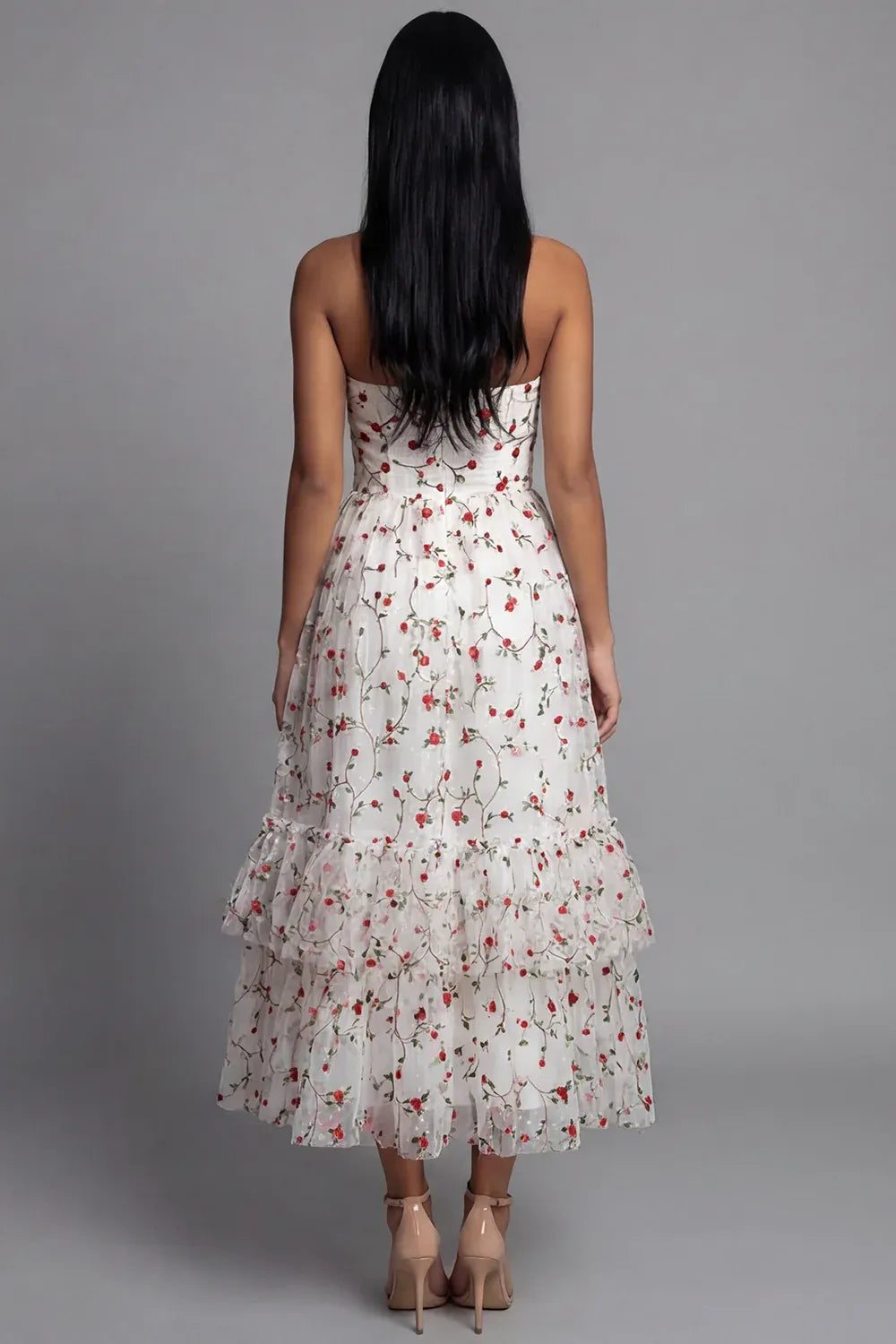 Playful A-Line Strapless Sleeveless Floral Tulle Midi Cocktail Dress