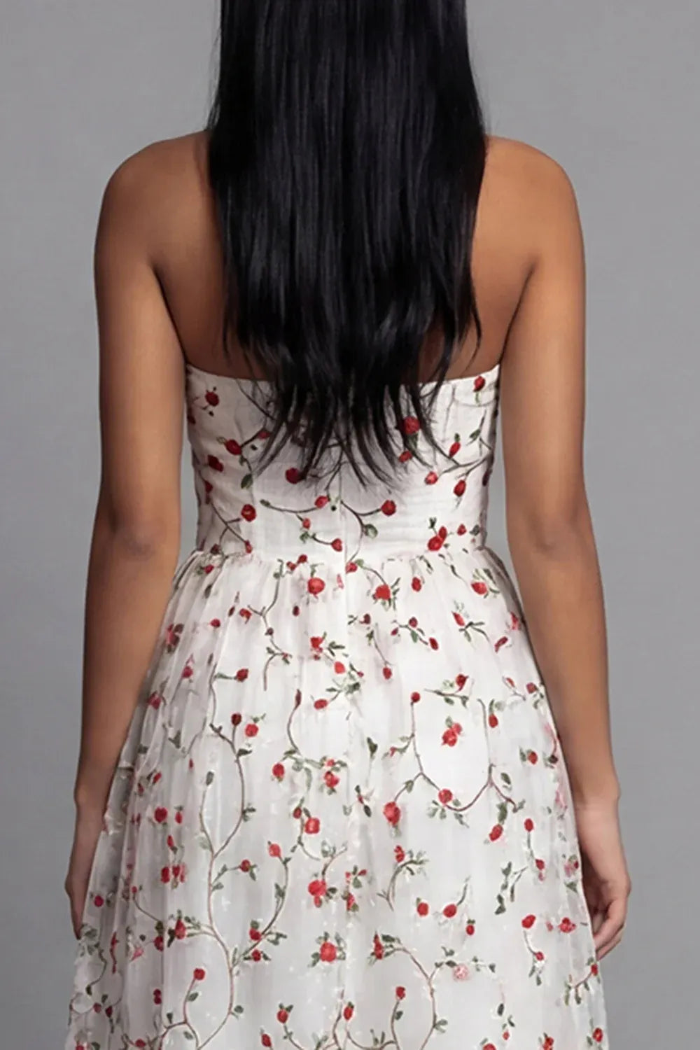 Playful A-Line Strapless Sleeveless Floral Tulle Midi Cocktail Dress