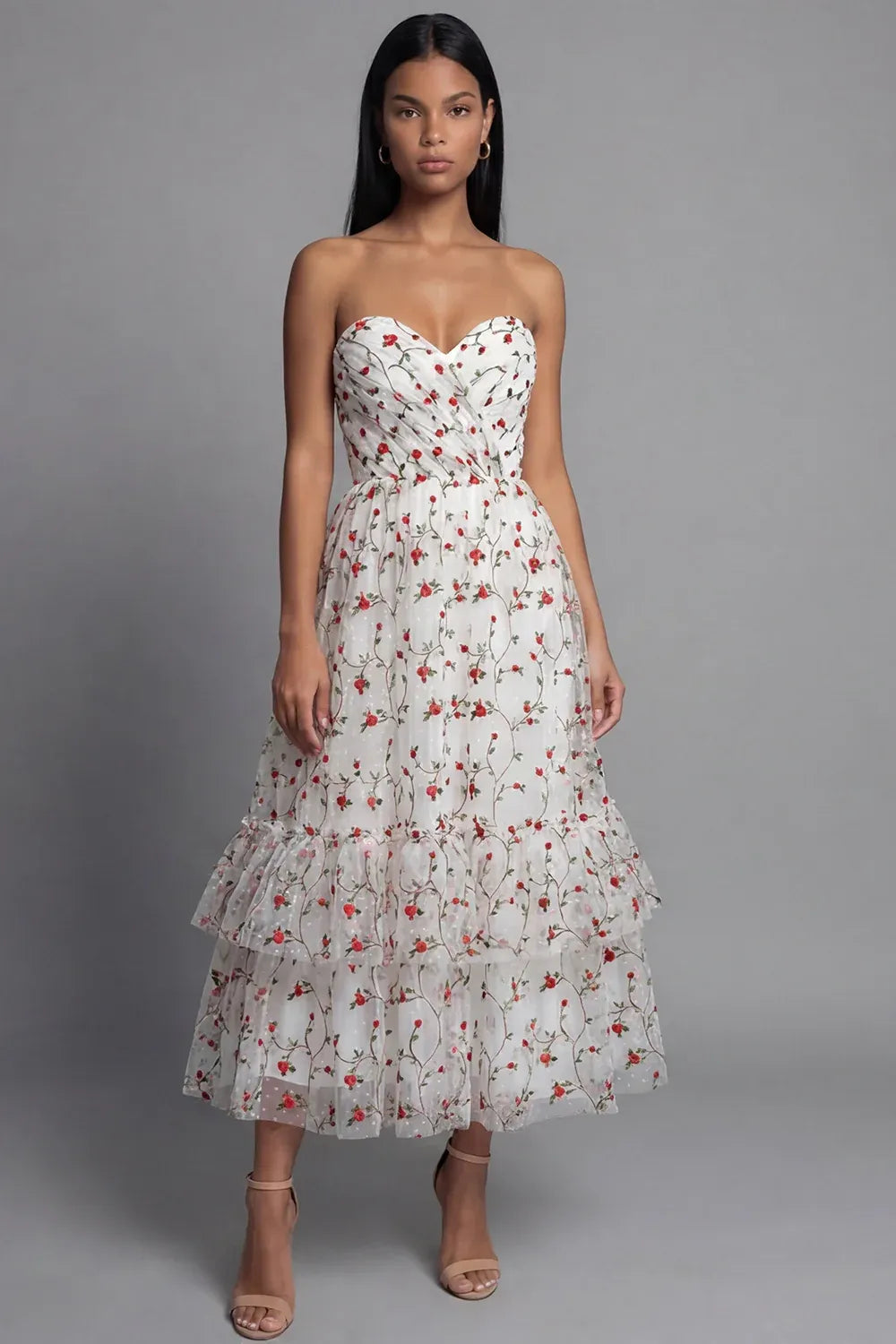 Playful A-Line Strapless Sleeveless Floral Tulle Midi Cocktail Dress