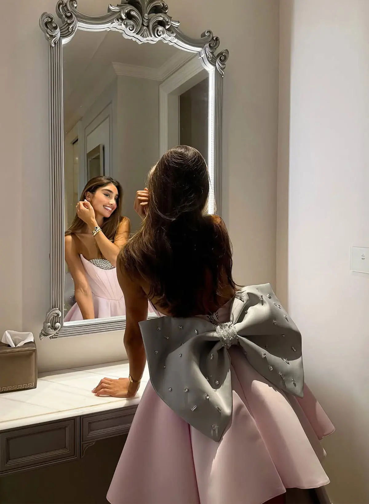 Playful A-Line Strapless Sweetheart Rhinestone Corset Mini Dress with Oversized Bow Homecoming Dress