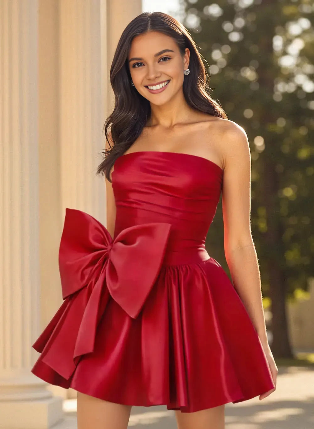 Playful A-Line Strapless Sweetheart Satin Mini Dress with Oversized Bow Homecoming Dresses