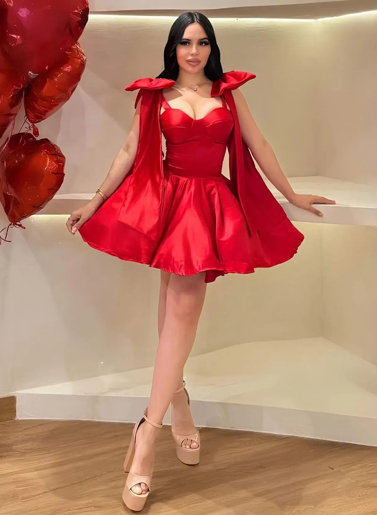 Playful A-Line Sweetheart Corset Dress with Oversized Shoulder Bows & Lace-Up Back