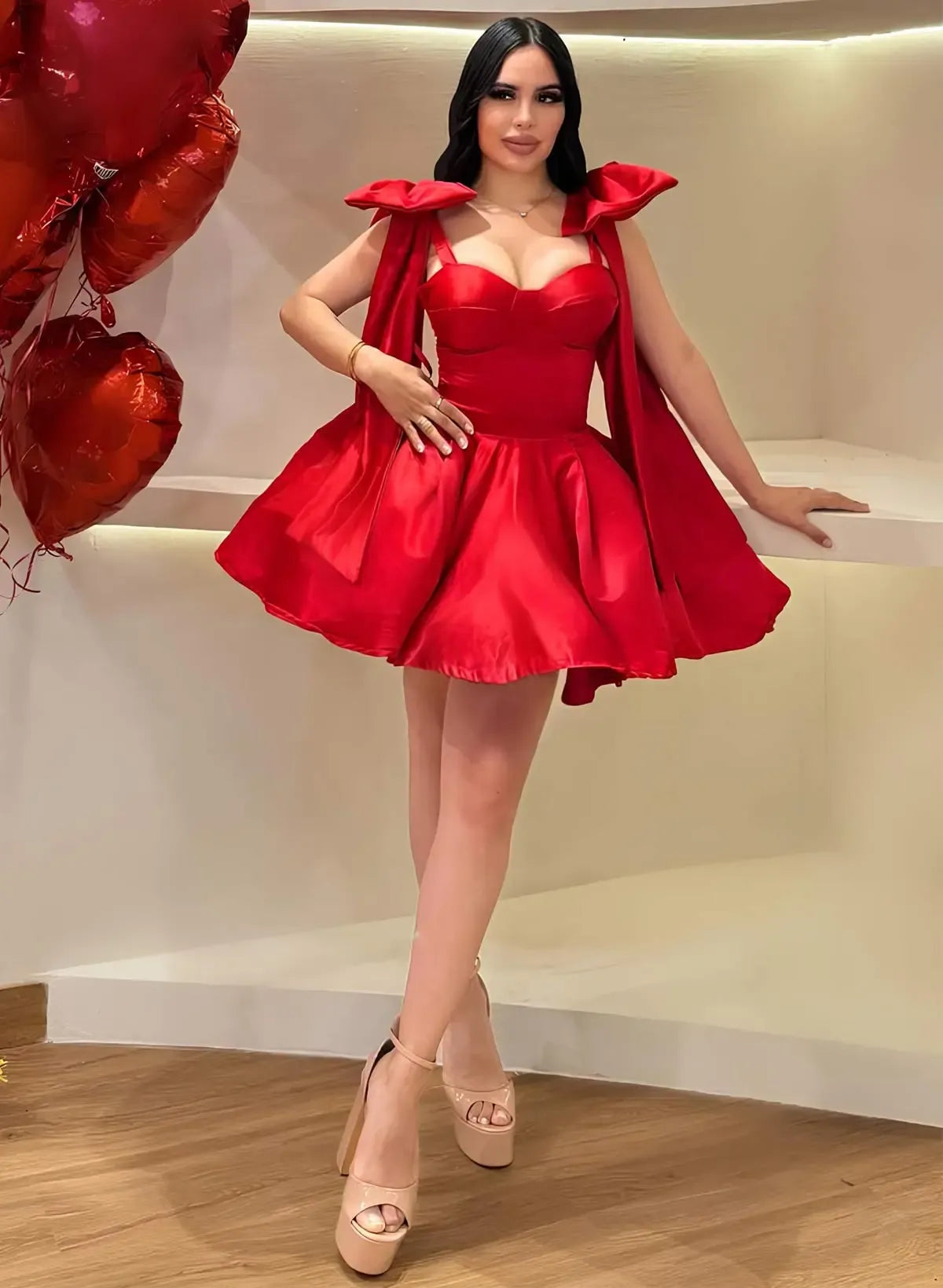 Playful A-Line Sweetheart Corset Dress with Oversized Shoulder Bows & Lace-Up Back