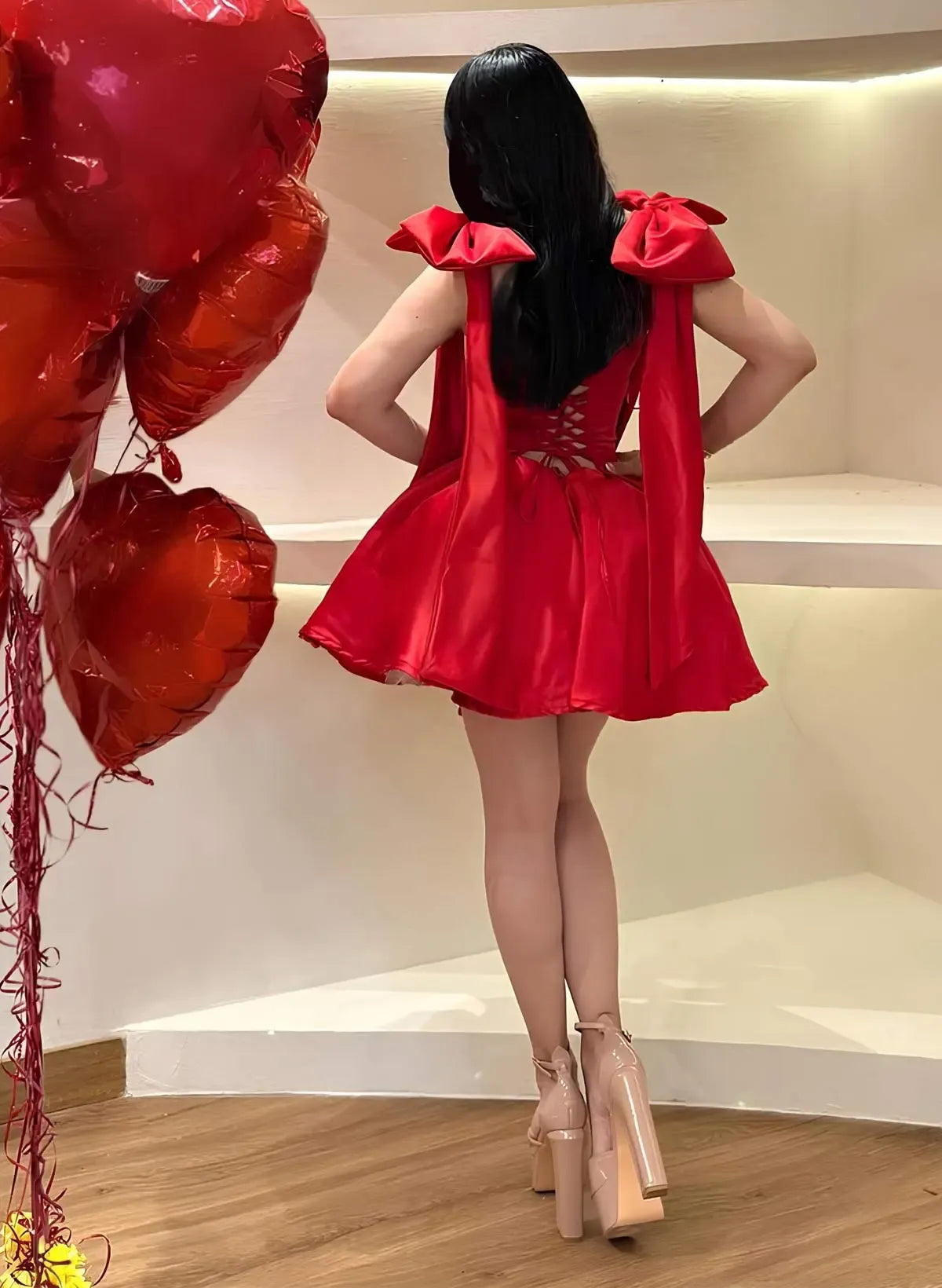 Playful A-Line Sweetheart Corset Dress with Oversized Shoulder Bows & Lace-Up Back