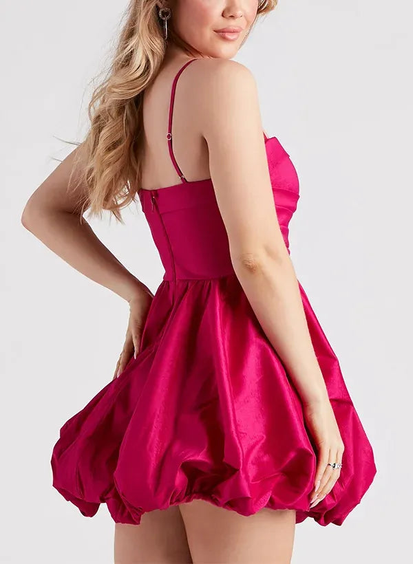 Playful A-Line Spaghetti Straps Notch Ruched Bubble Fuchsia Short Homecoming Dress