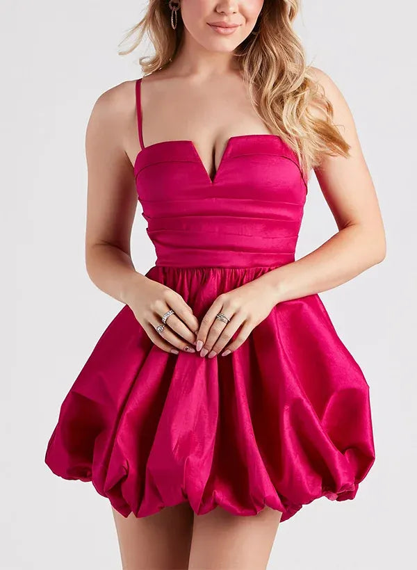 Playful A-Line Spaghetti Straps Notch Ruched Bubble Fuchsia Short Homecoming Dress